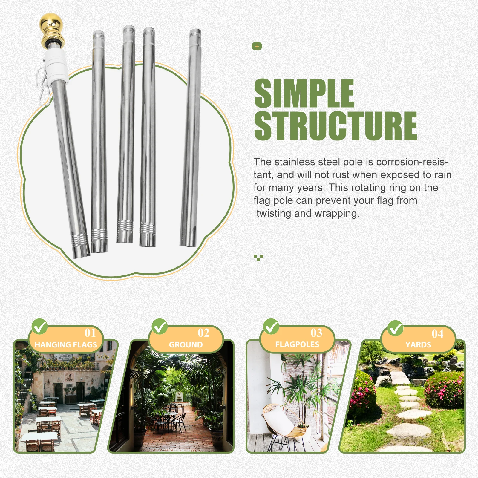 

1 set Stainless Steel Flagpole 190cm 5 Sections Rotating Weatherproof Anti Rust Easy Assembly Outdoor Banner Holder for Yard