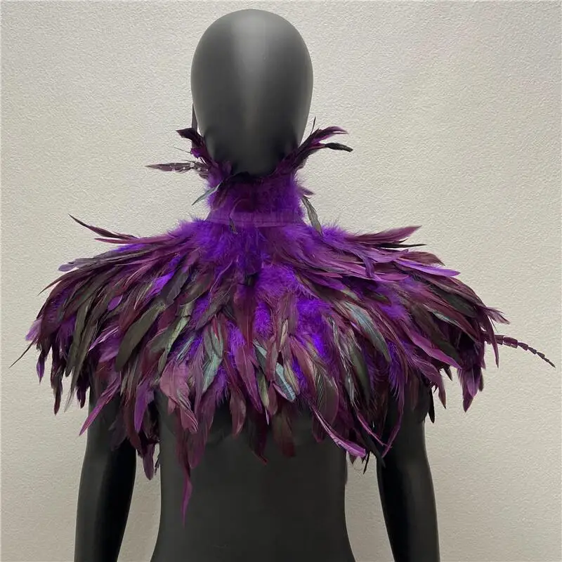 Feder-Schal-Cape – Gotischer Schulterüberwurf aus Naturfedern mit schwarzem Band zum Binden für Halloween, Karneval, Rave, Cosplay-Partys – Detail 25