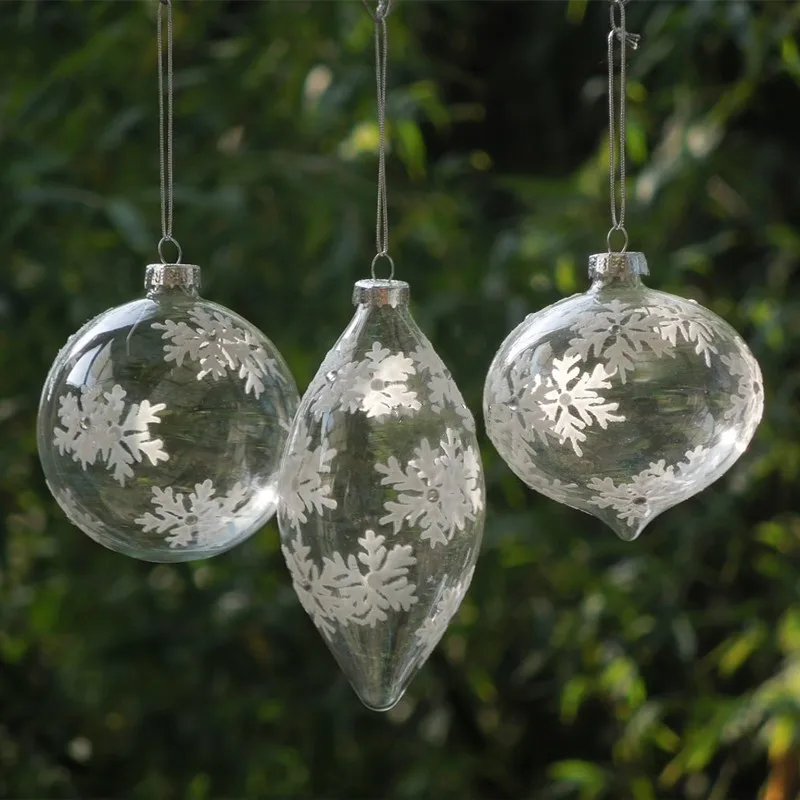 

Free Shipping 8pcs/pack Snowflake Drawing Transparent Glass Pendant Home Decoration Christmas Hanging Globe Onion Cone Ornament