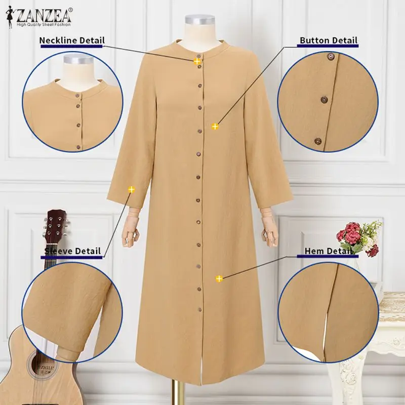 ZANZEA Moda Camicia a maniche lunghe Abito Donna Autunno Elegante Bottoni da festa Casual Maxi Abiti Primavera O-Collo Abito solido allentato