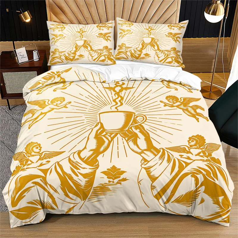 Sacred Coffee Duvet Cover Set Golden Sunburst Angel Hands Holding Coffee Cup Print Quilt Cover Set Retro Cozy Bed Set Decor Gift