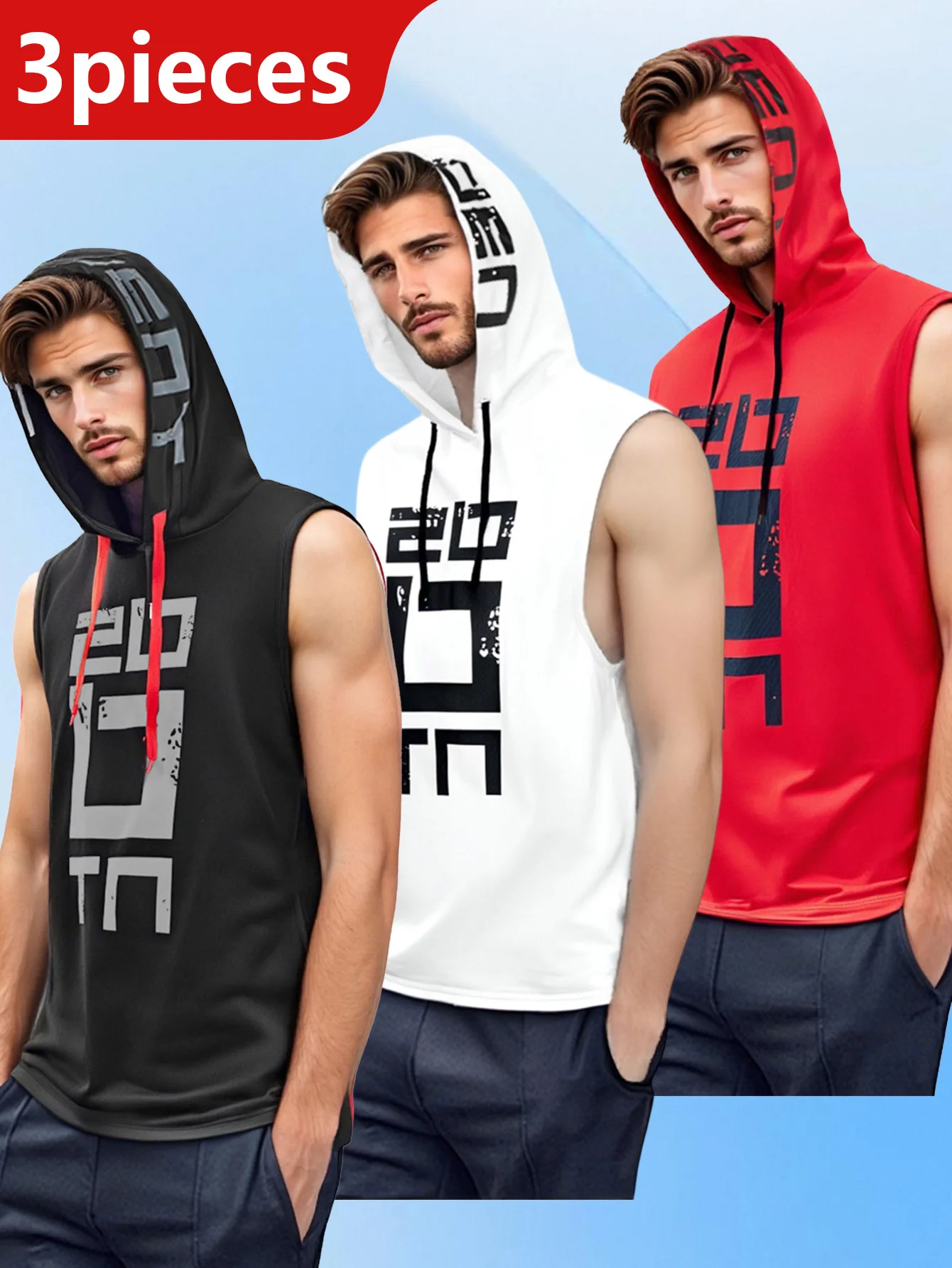 

3PCS Men's Dynamic Letter Printed Sleeveless Vest - Daily Casual Hooded Sweatshirt, Men'sSuper Breathable, Fast Drying, High Ela