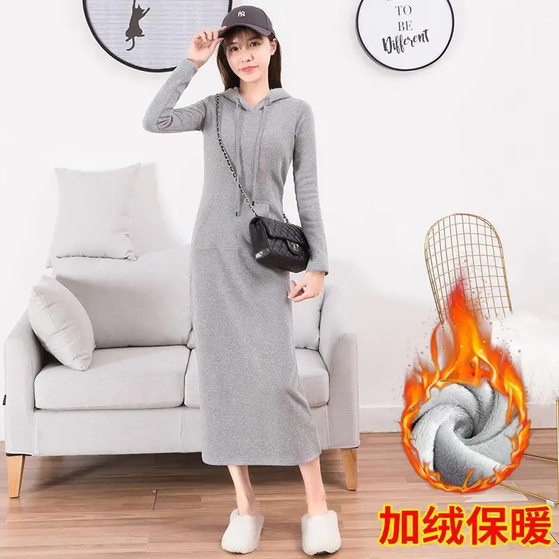 

Women Dresses Long Sleeve Hooded Solid Sweatshirts Dress Draw String Pockets Vestidos Basics Winter Loose Ankle Length