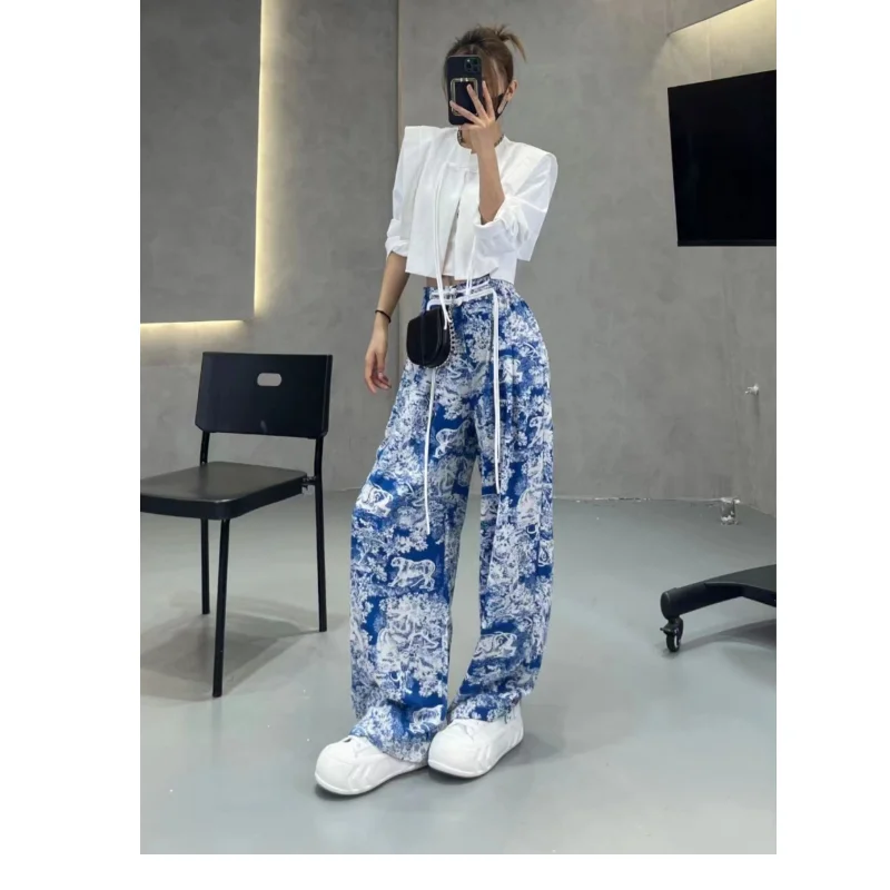 المرأة قيعان Vintage التعادل الأسود صبغ Pants غير رسمية عالية الخصر واسعة الساق السراويل المستقيمة موضة الشارع فضفاض واسع بنطلون السيدات #5