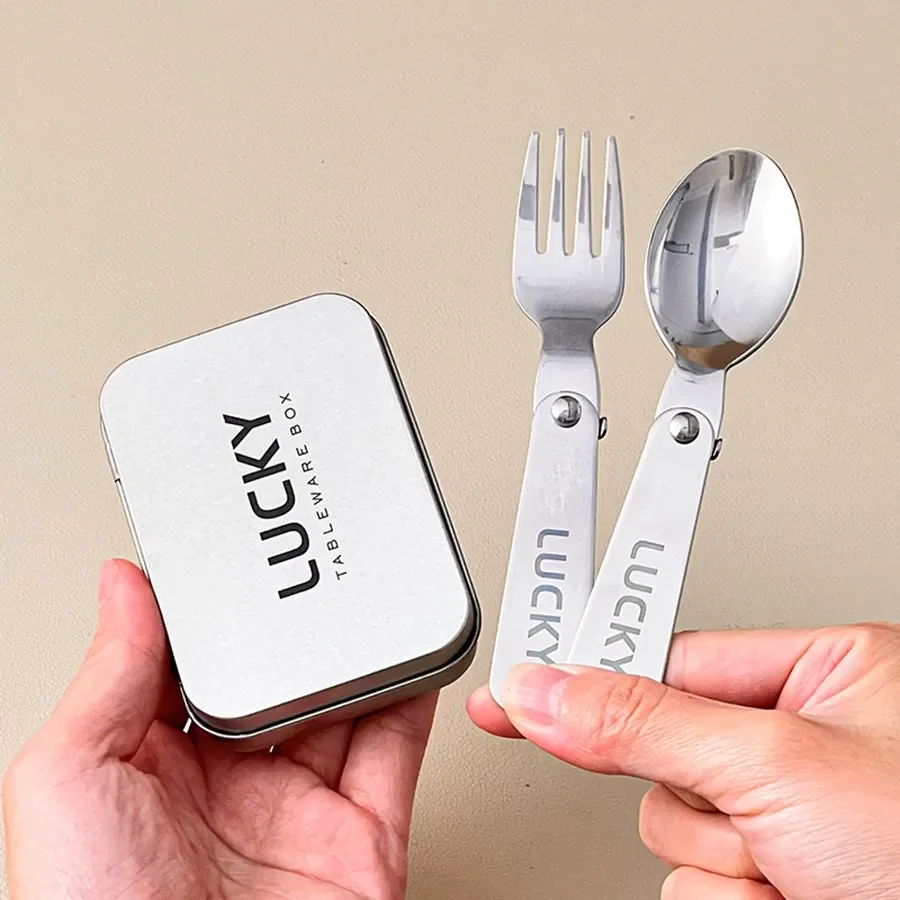 Portable 304 Stainless Steel Cutlery Set Folding Spoon and Fork with Iron Case Travel Utensils for Camping School Lunch Box