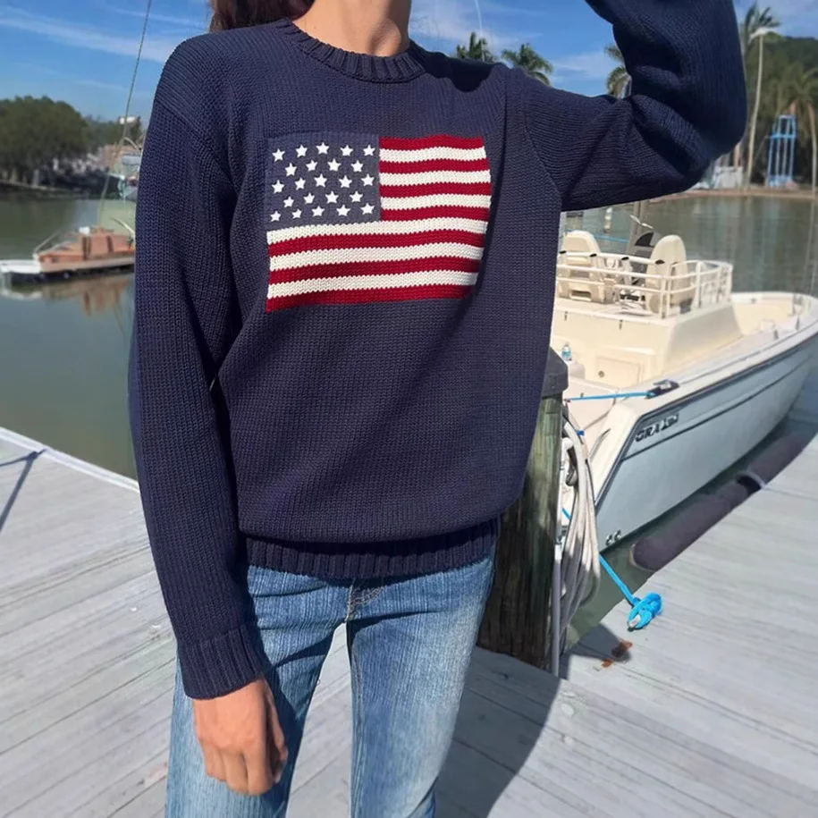 

European and American retro flag long sleeved pullover round neck knitted sweater autumn and winter sweater women's high-end top