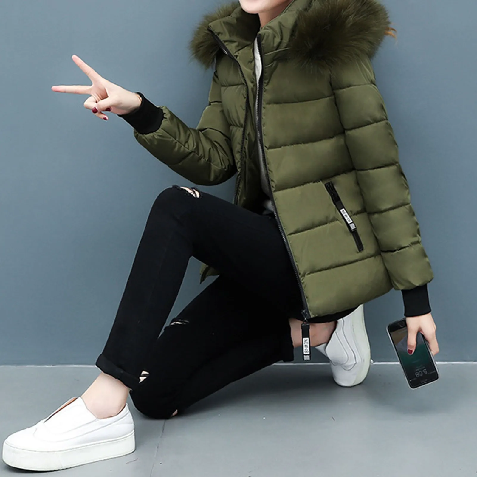 Pink Winter Cotton Puffer Coat Women Fluffy Hooded Zipper Thick Outerwear Lapel Windproof Warm Long Sleeve Down Jacket Fit Coats