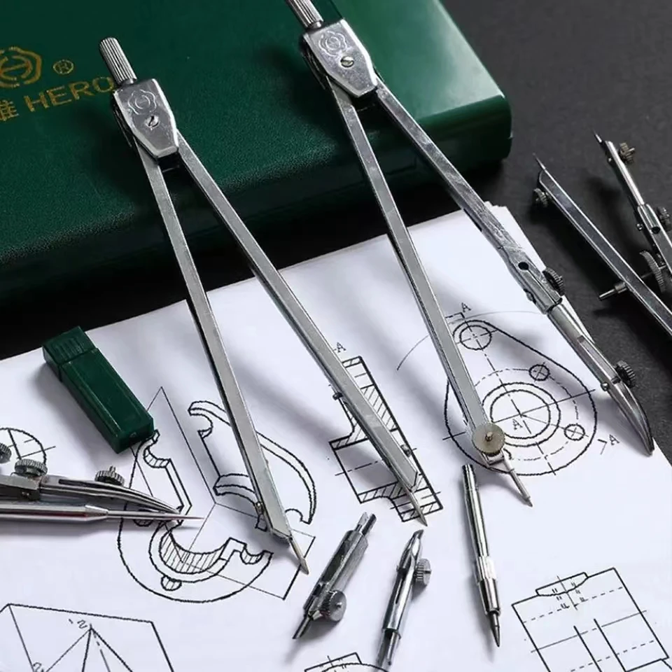 Hot Authentic Hero 15pcs/set H4015 compass drawing tool engineering drawing metal compasses set compas scolaire compasso escolar