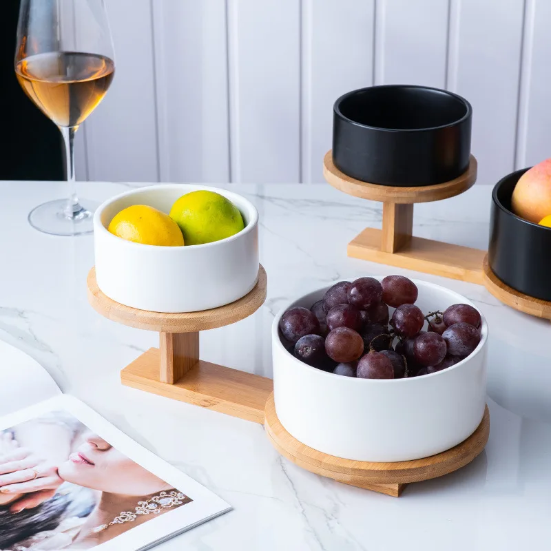 Ceramic Fruit Plate Solid Color Salad Bowl Two-piece Wooden Base Dessert Snack Tray Dishes Decorative Tableware