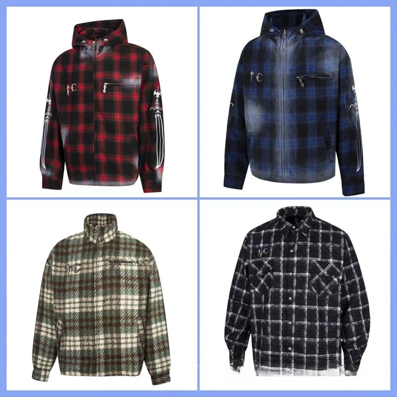 

Thug Club 2026 New Sword Embroidered Distressed Plaid Hooded Zipper Jacket with Metal Graphic Letters