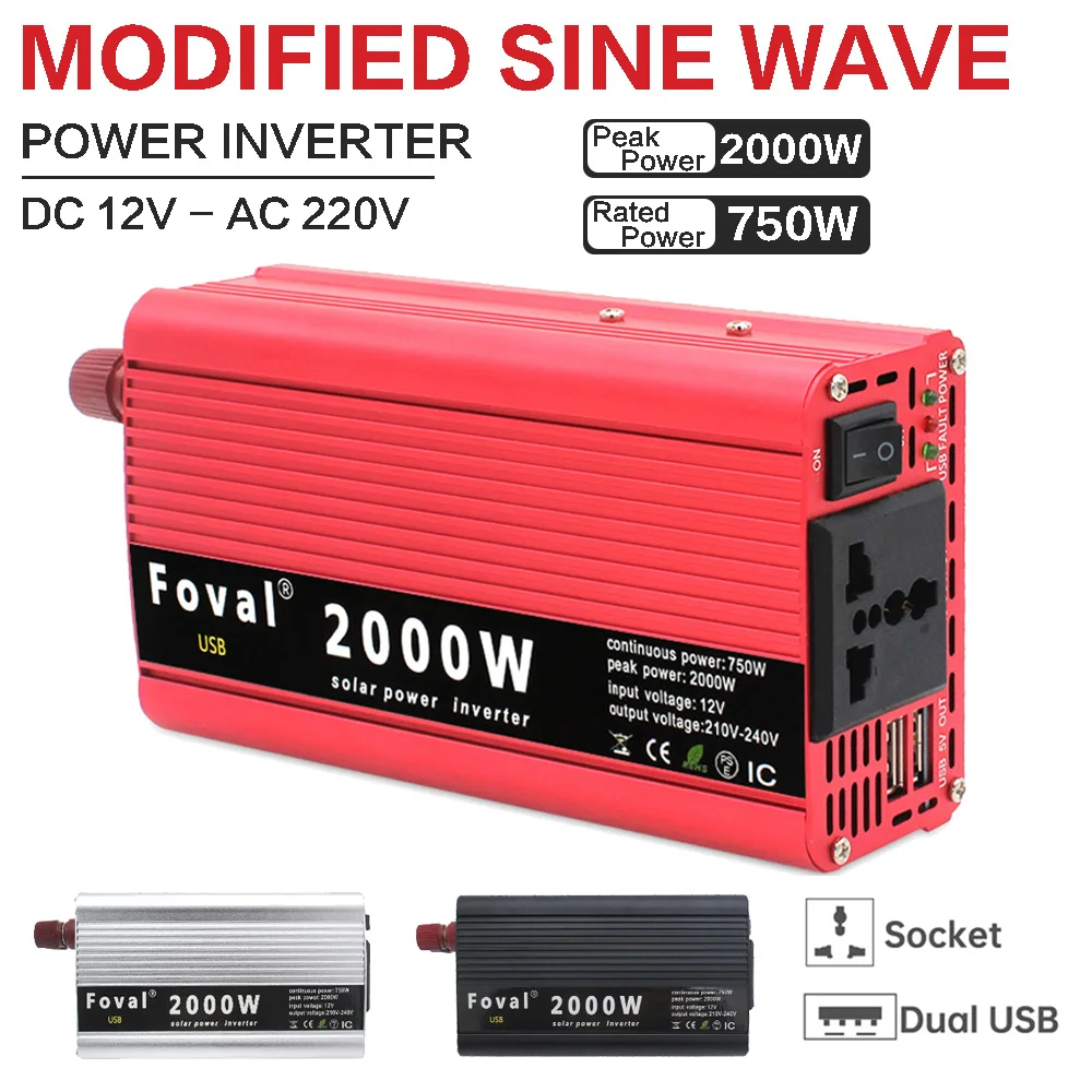 DC12V TO AC220V Inverter 2000W Peak Power Converter 50Hz/60Hz Universal Socket Dual USB Port Solor Car Inverter RV Outdoor USE