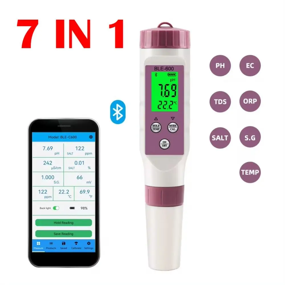 

Bluetooth 7 in 1 PH Meter Aquarium APP Control Temp ORP Salinity TDS Meter Laboratory BLE-C600 ORP S.G TEMP Swimming Pool