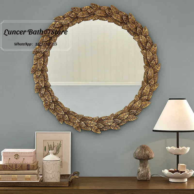 French Vintage Leaf Art Decor Mirror, Wall Mounted Makeup Mirror for Living Room, American Entryway Fireplace Mantel Mirror