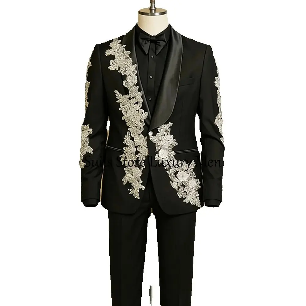 

Блестящие костюмы-смокинги для мужчин с аппликациями и бисером, 2-х предметные комплекты, свадебные смокинги для жениха, индивидуальный пошив, приталенный крой, Terno Masculino Completo