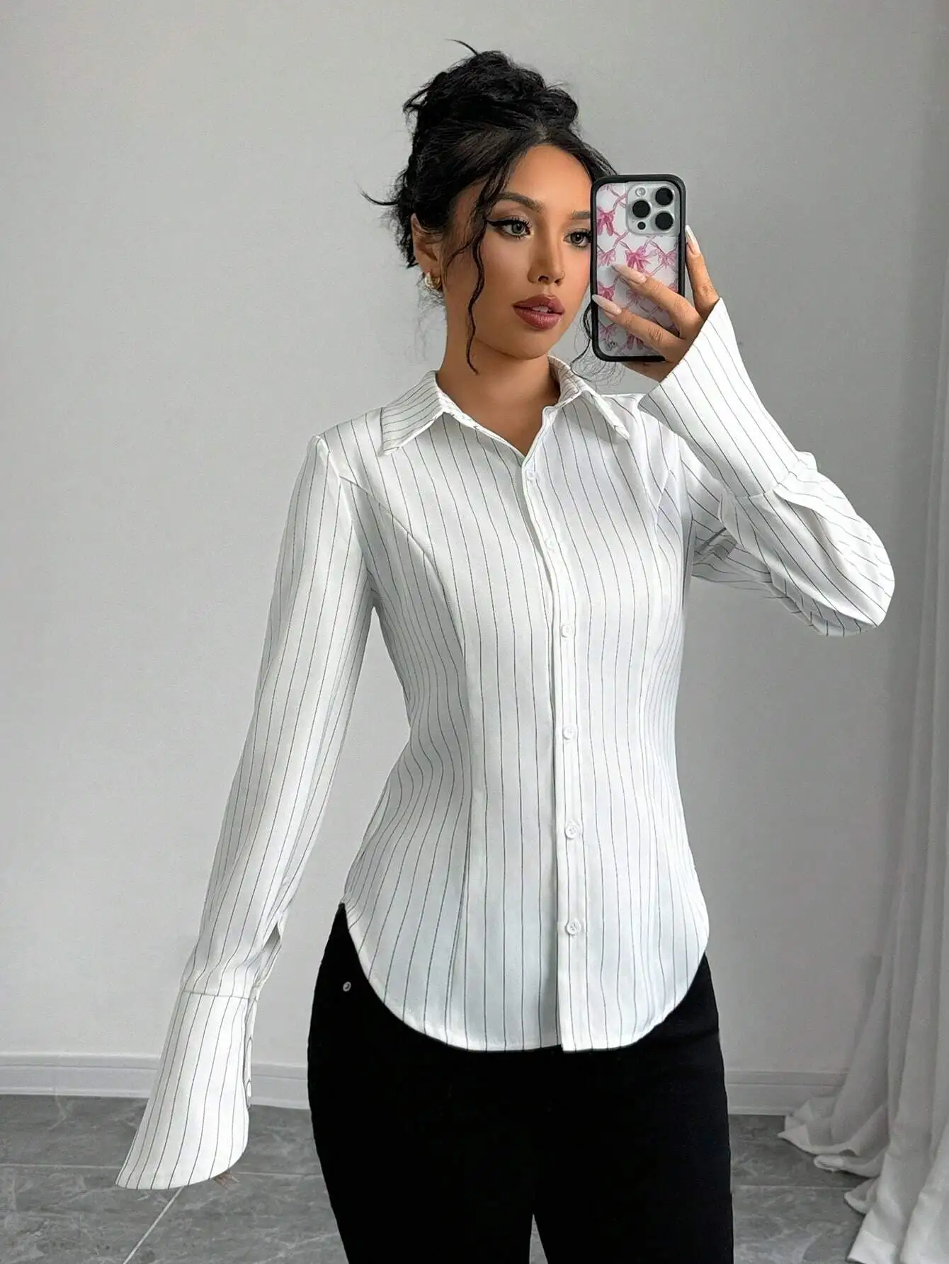 

White Striped Slim Fit Shirt With Flared Sleeves For Women Autumn Fashion