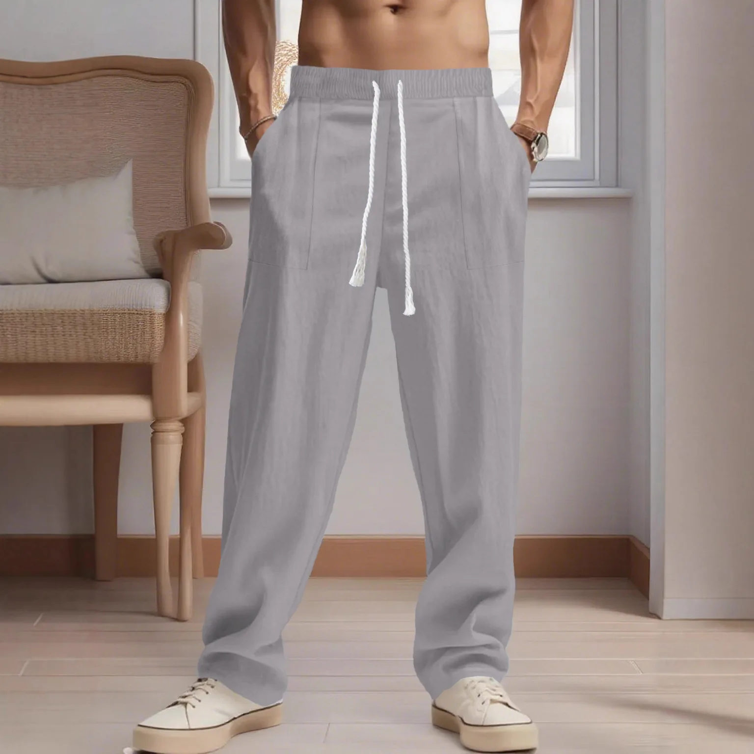 봄과 가을을 위한 새로운 남성용 중국식 단색 면 및 린넨 바지, 여러 개의 포켓 조임끈 디자인