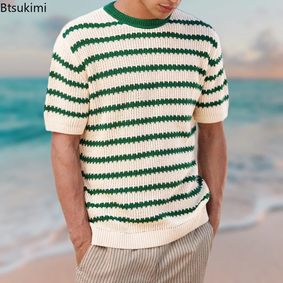 

Holiday Style Men's Knitted Striped T-shirts Fashion Loose Casual Short-sleeved O-neck Pullover Tops Men Vintage Colorblock Tees