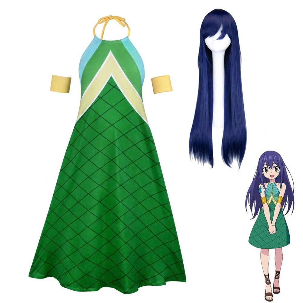 Disfraz de Anime Fairy Tail Wendy Marvell, vestido verde para mujer y niña, fiesta de Halloween, Navidad, ropa de Dragonscale, peluca