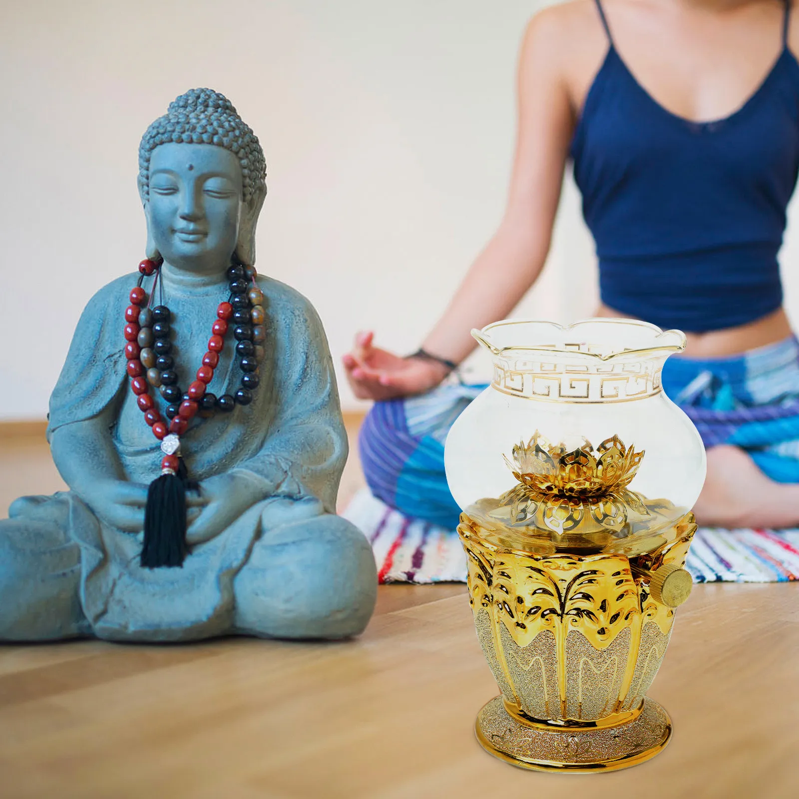 

Alloy Lotus Lamp Transparent Glass Cover Oil Light for Worship Buddhist Altar Home Living Room Bedroom Decorative