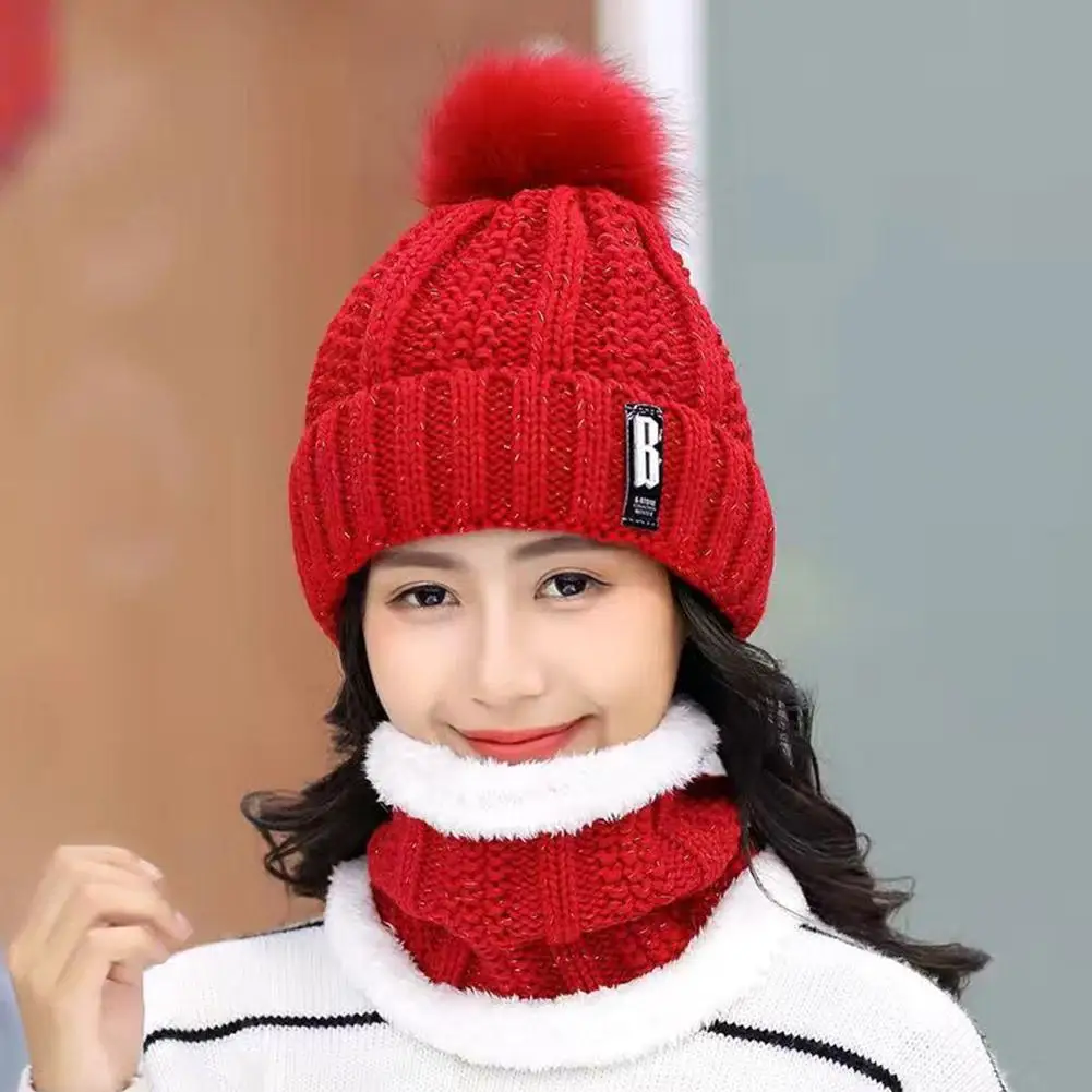 2PCS winter warm knit hat set Winter hat thick plush windproof cold casual warm hat scarf