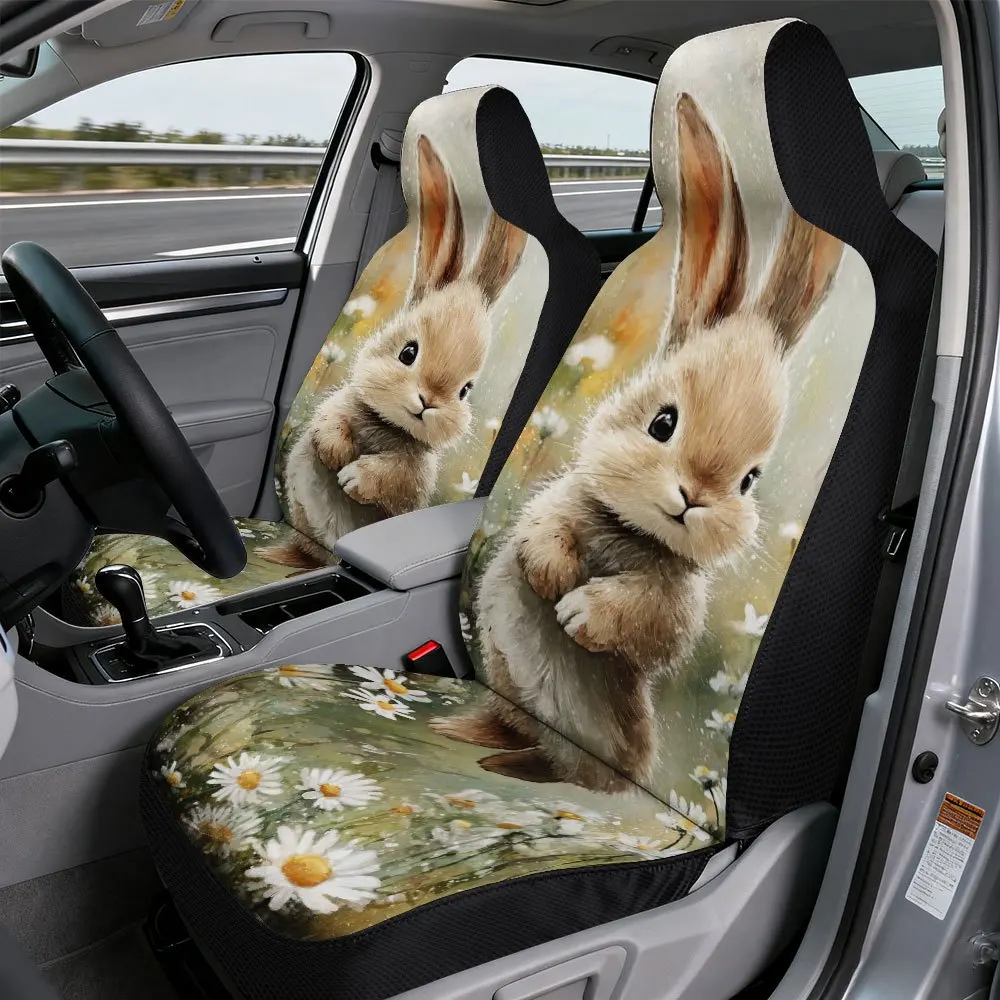 2pcs, Stylish Spring Bunny In Daisies Design Car Seat Covers, Soft And Easy To Clean, Perfect Fit For Single Front Seats, Ideal