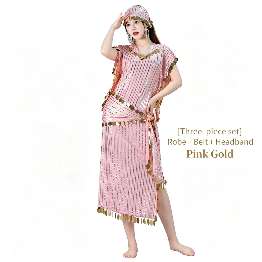 Elegant Striped Sequin Robe for Women Baladi Saidi Belly Dance Performance Competition Dress Oriental Folk Clothing Dance Outfit