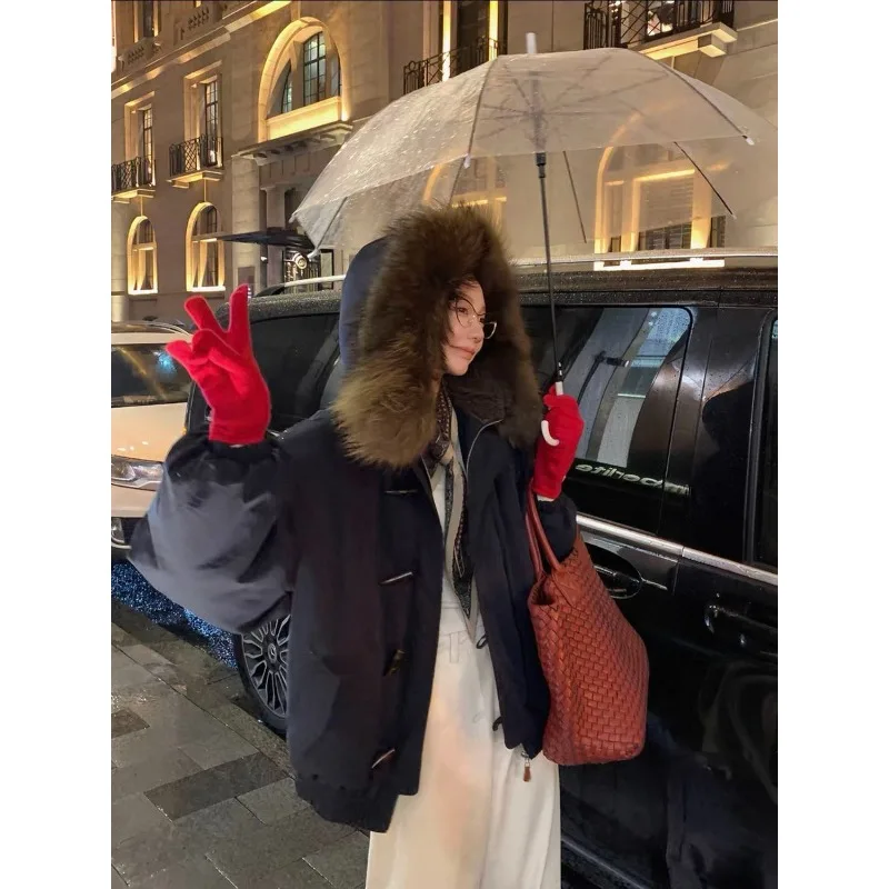 YYAHAS 2025 شتاء جديد بقرة القرن زر سميكة القطن معطف الرجعية الأمريكية الدافئة الفراء طوق مقنعين سترة الملابس النسائية