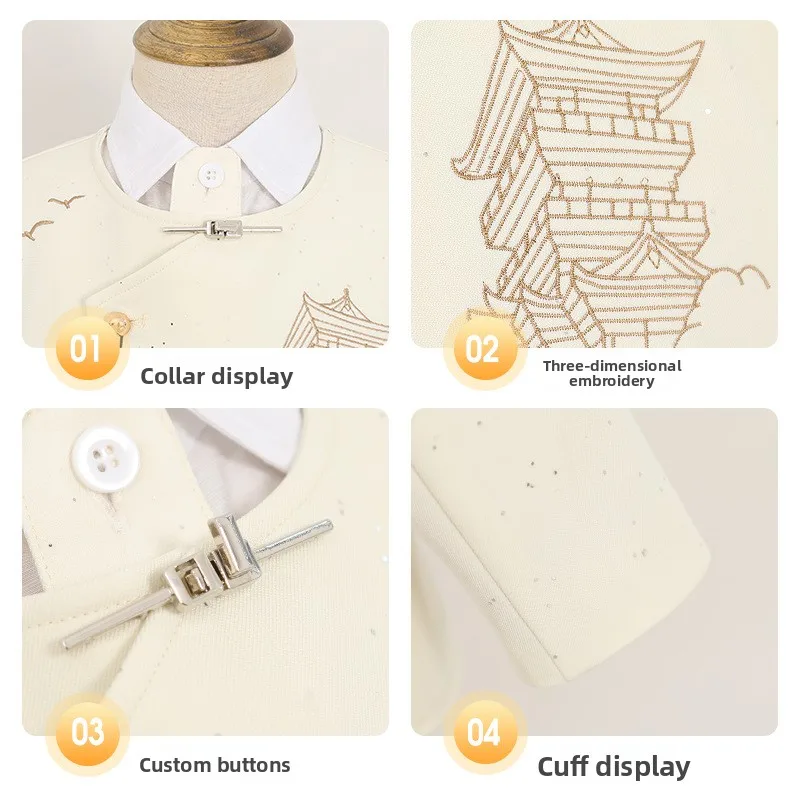 Teen Boys New Chinese Style Suit Set Starry Fabric Ancient Building Embroidery Tassel Button Kids Stage Performance Outfit 4-14Y