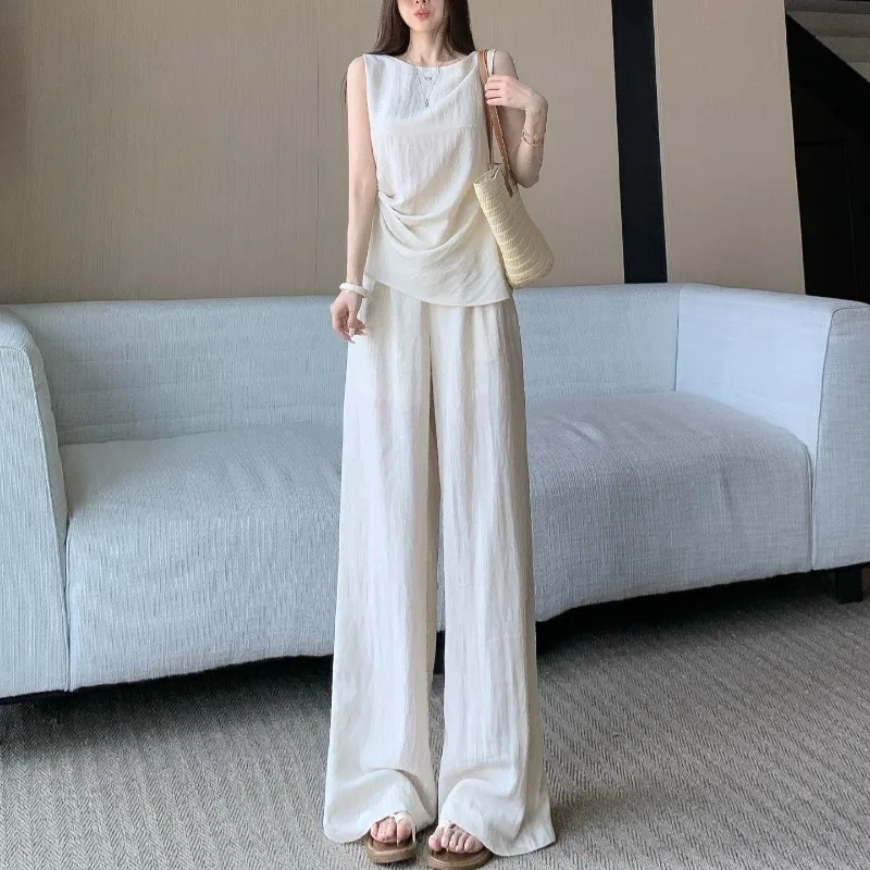 

New Korean Fashionh Casual Two Piece Set Women Summer Cotton Linen O-neck Sleeveless Vest Top + Wide Leg Pants Outfit