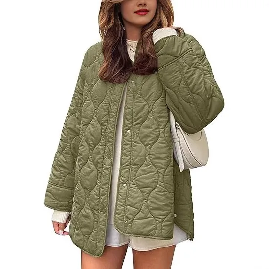 Loose Fit Round Neck Coat Streetwear with Single Row Multi Button Closure Urban Long Sleeve Regular Sleeve Hoodless for Women