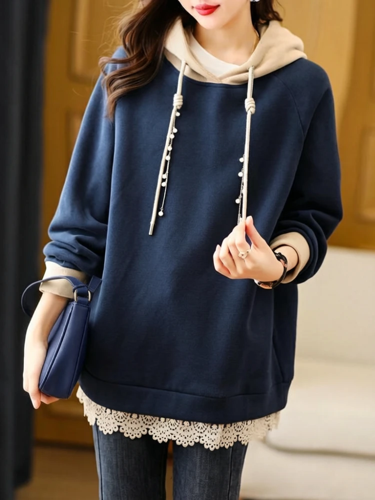 Women Hoodie Lace Patchwork Color Block Fleece Loose Warm Hooded Sweatshirt Winter Autumn Casual Outerwear