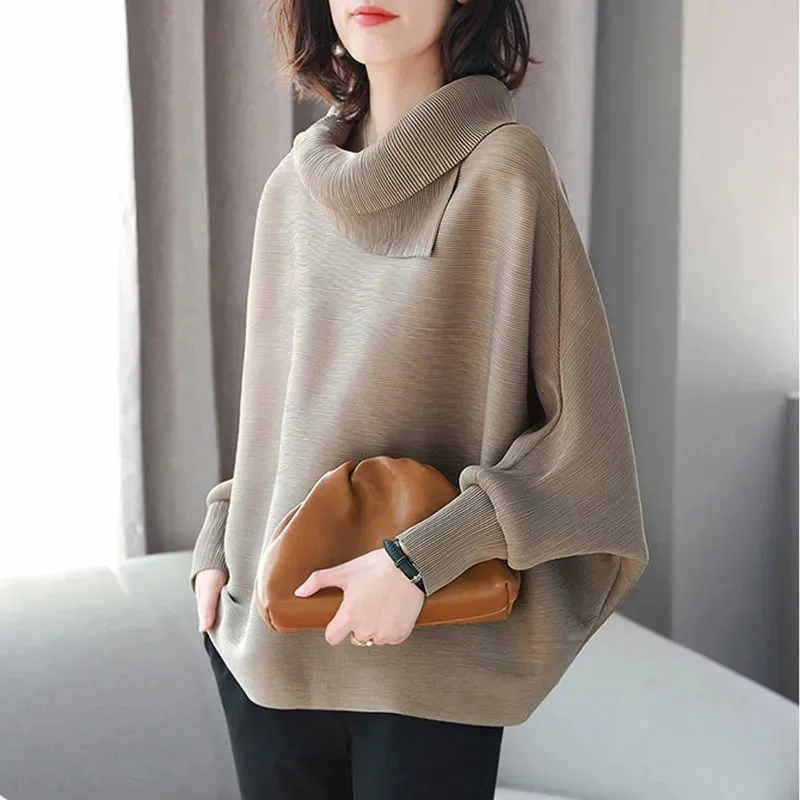 Spring Autumn Turtleneck Bat Shirt For Women Temperament OL Female Pullover Tops Loose Covering Shirts All-Match T-shirts