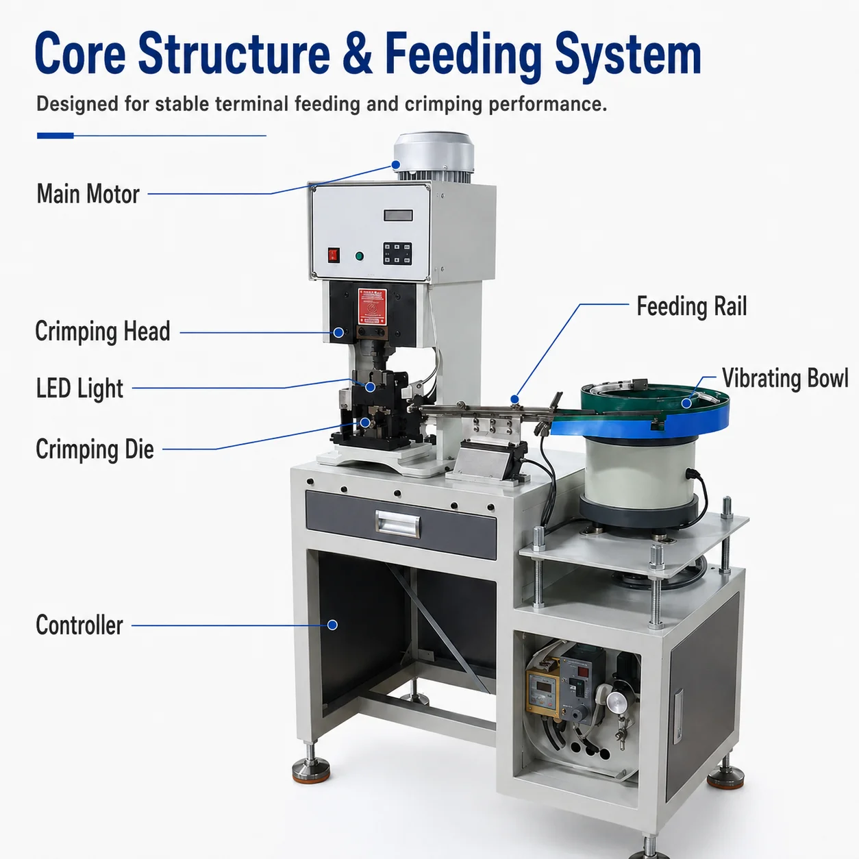 SQ-ZD02 Qilin Semi-Automatic Vibratory Bowl Terminal Crimping Machine 2.0T 0.518-4 Sq Mm 1 Sec/Stroke Tubular Terminal Wire