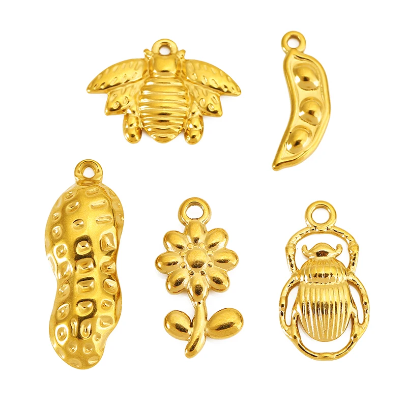 5pcs Stainless Steel Pea Peanut Bee Beetle Flower Charms for DIY Bracelets Necklace Earring Jewelry Pendant Accessories Finding