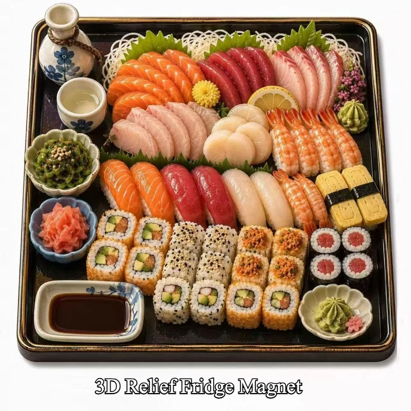 3D Relief Resin Fridge Magnet Japanese Sushi Assortment Platter Simulation Food Scene Refrigerator Decor Kitchen Home Decor