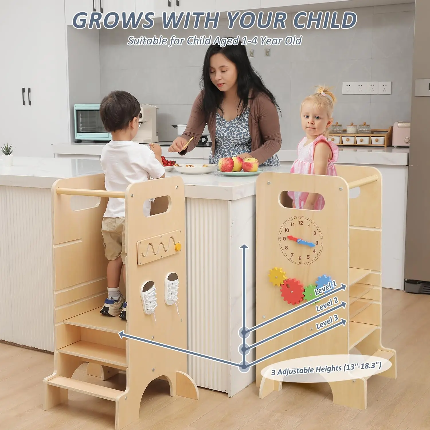 Torre para niños pequeños 4 en 1, taburete de cocina para niños pequeños, torre de pie ajustable para encimera de cocina con tobogán, pizarra, Montesso