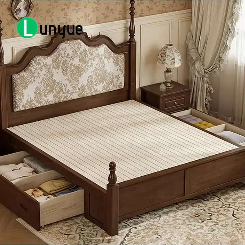 French Vintage Printed Padded Bed Cream Century Solid Wood Walnut Color Elegant Master Bedroom Large Wedding Bed