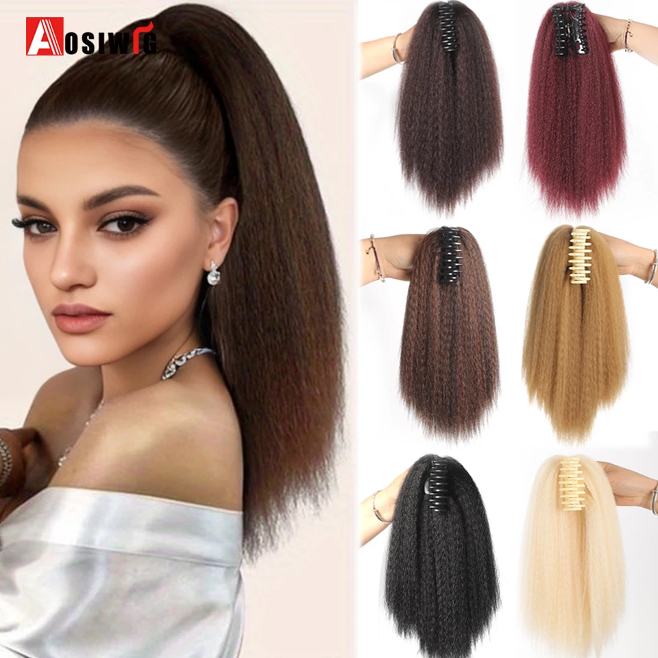 

12" Ponytail Extension Claw Yaki Straight Clip In Hair Extensions Ponytail Natural Soft Synthetic Hairpiece For Women Black Brow