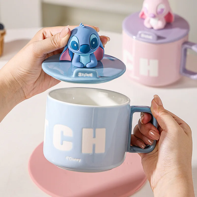 

Anime Cartoon Blue Stitch Pink Angel Mug Gift Box Ceramic Cup With Lid Office Special Coffee Milk 450ml Water Cup Couple Gift