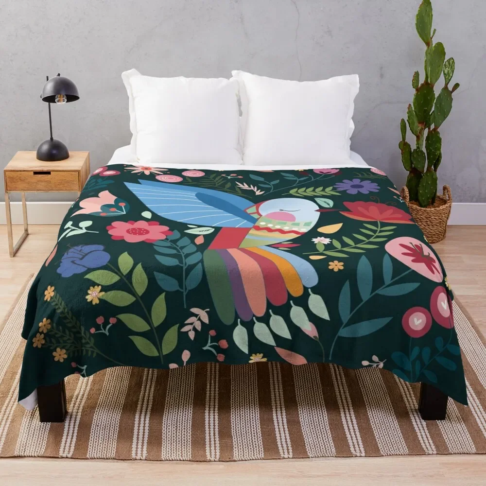 Folk Art Inspired Hummingbird With A Flurry Of Flowers Throw Blanket Bed Giant Sofa Blankets