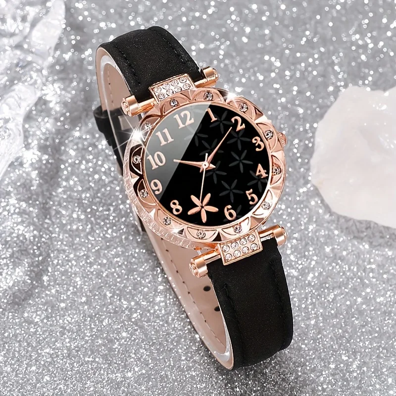 5-piece/set women's elegant round alloy case quartz watch, floral pattern dial PU leather strap unique heart-shaped jewelry set
