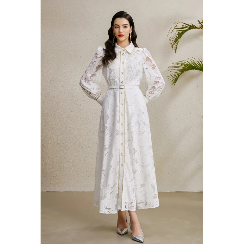 2025 Autumn Lapel Gold-Trimmed Beaded Corsage Wide-Swing Hollow-Out Lace Maxi Dress - European Princess-Style Outfit
