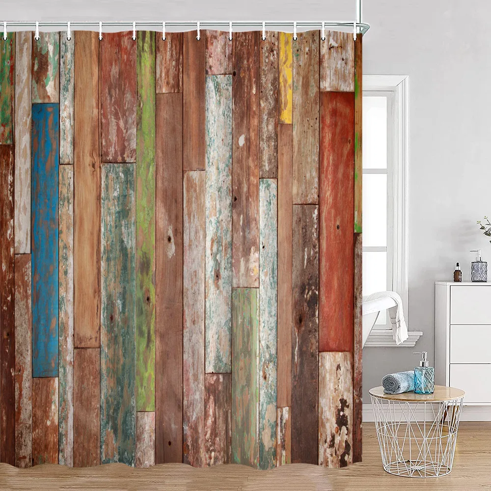 Countryside Wooden Board Shower Curtain Brick Wall Farmhouse Farm Bathroom Curtains Wooden Planks Art Pattern Bath Curtain Decor