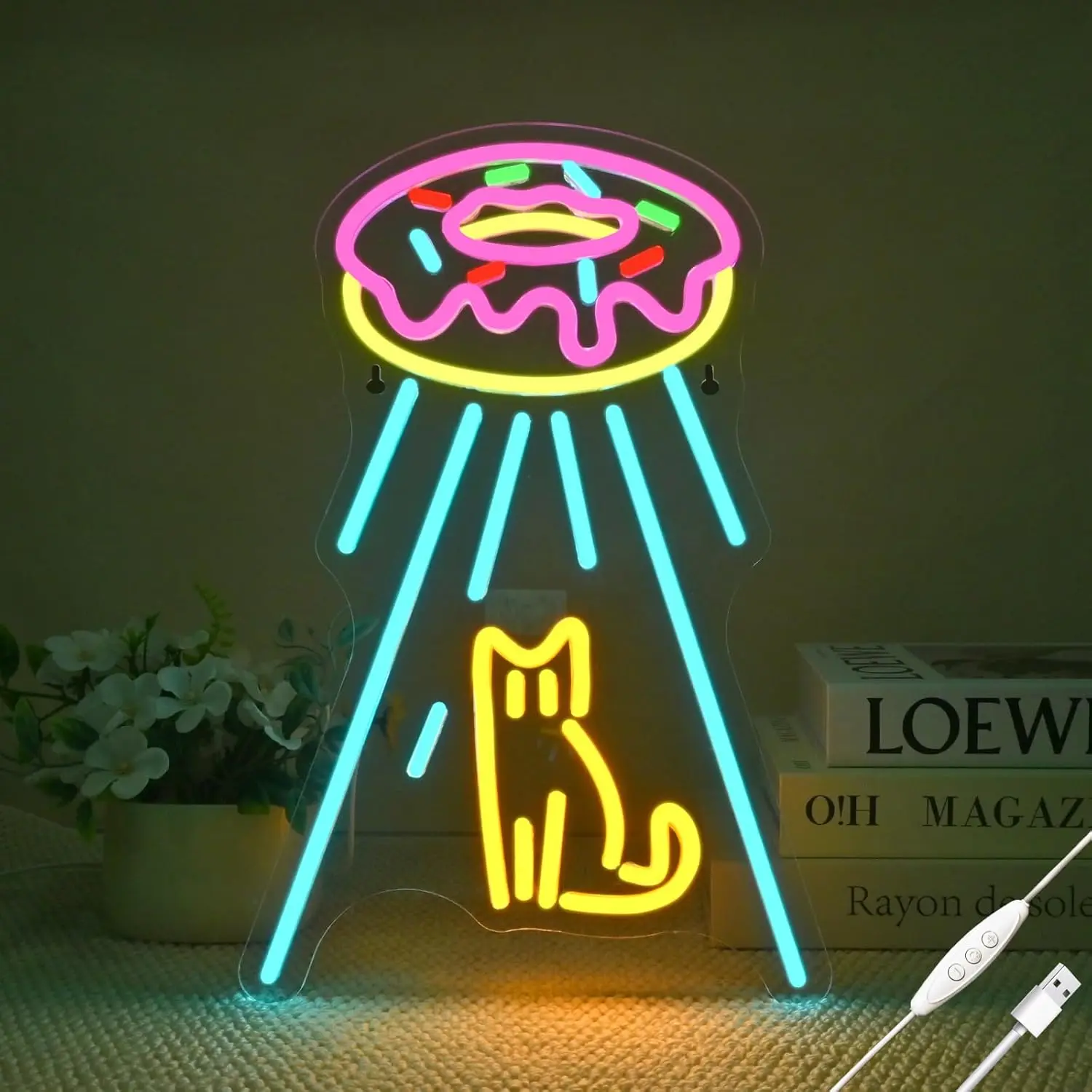 

Неоновая вывеска Donut UFO Cat, регулируемая яркость, питание от USB, 5 В/2 А, неоновая лампа 16,5 x 10,6 дюймов для декора стен, магазина пончиков, любителей кошек, любителей пончиков