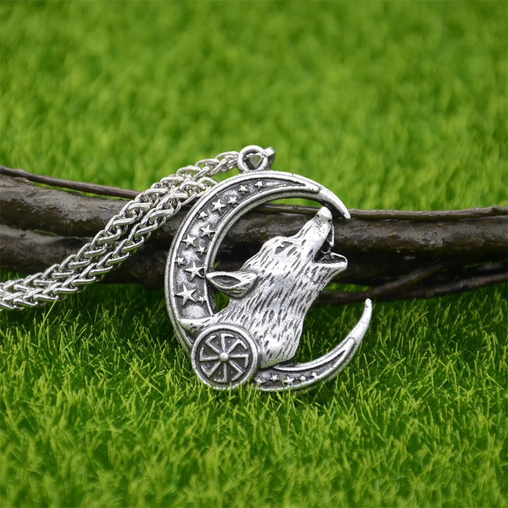 Nostalgia Slavic Kolovrat Symbol Pendant Viking Wolf Amulet Wicca Pagan Crescent Moon Necklace Star Witchcraft Wiccan Jewelry