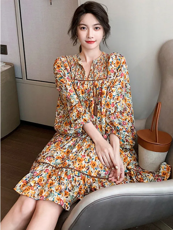 2024 Fashion Women's Rural Style Retro Fragmented Flower Dress Women's Loose Temperament Slimming Fairy Kikyu Short Skirt 1VQQ