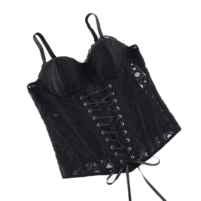 Gothic Sheer Lace Corset Top Spaghetti Strap Sweetheart Bustier Women Back Ribbon Waist Trainer Party Shaper view 5