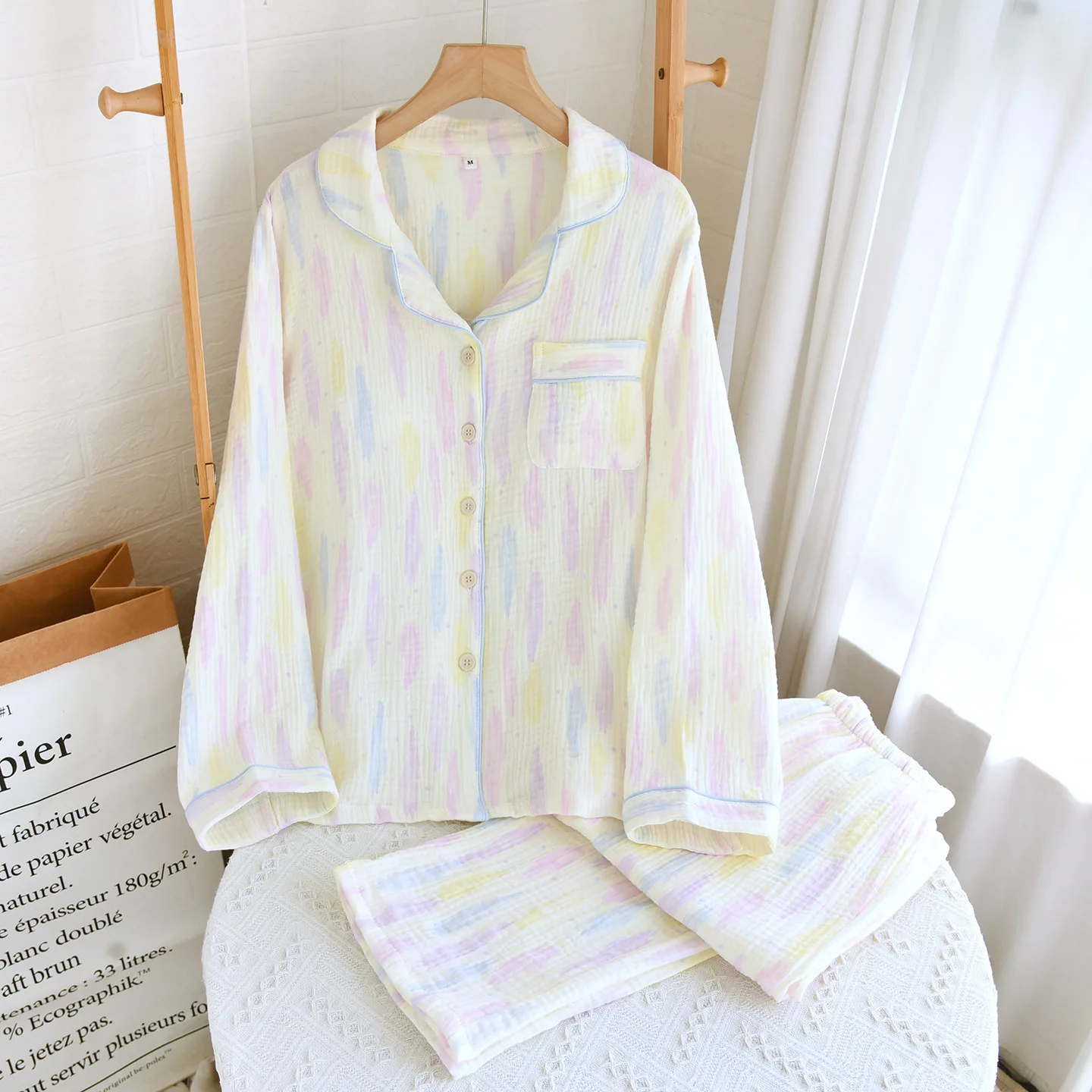 

Осенний хлопковый кардиган с красочным принтом, топы с длинными рукавами и накладкой на грудь, длинные брюки, пижамный комплект из 2 предметов для домашней одежды