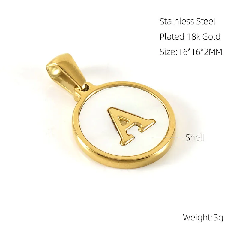 Stainless Steel 18K Gold Plated 26 A-Z Initials Round White Shell Base Pendant for Name Necklace