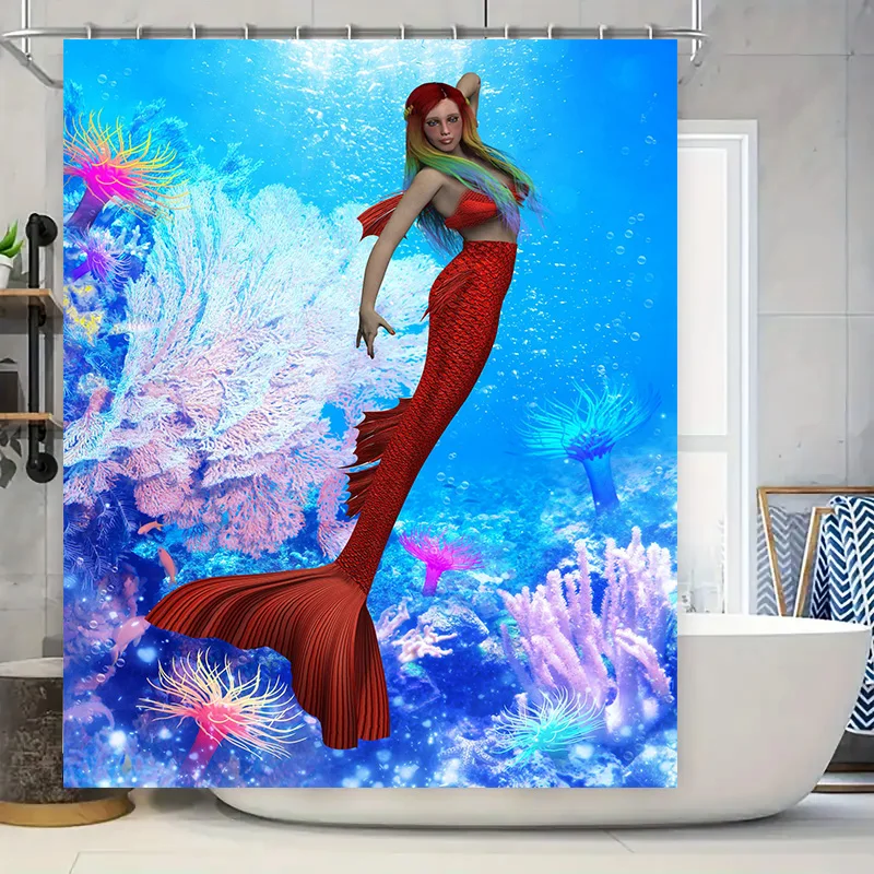 

Mermaid Tail Shower Curtain Red Fish Scale Print Waterproof Fabric Home Decor Item for Bathroom Decoration